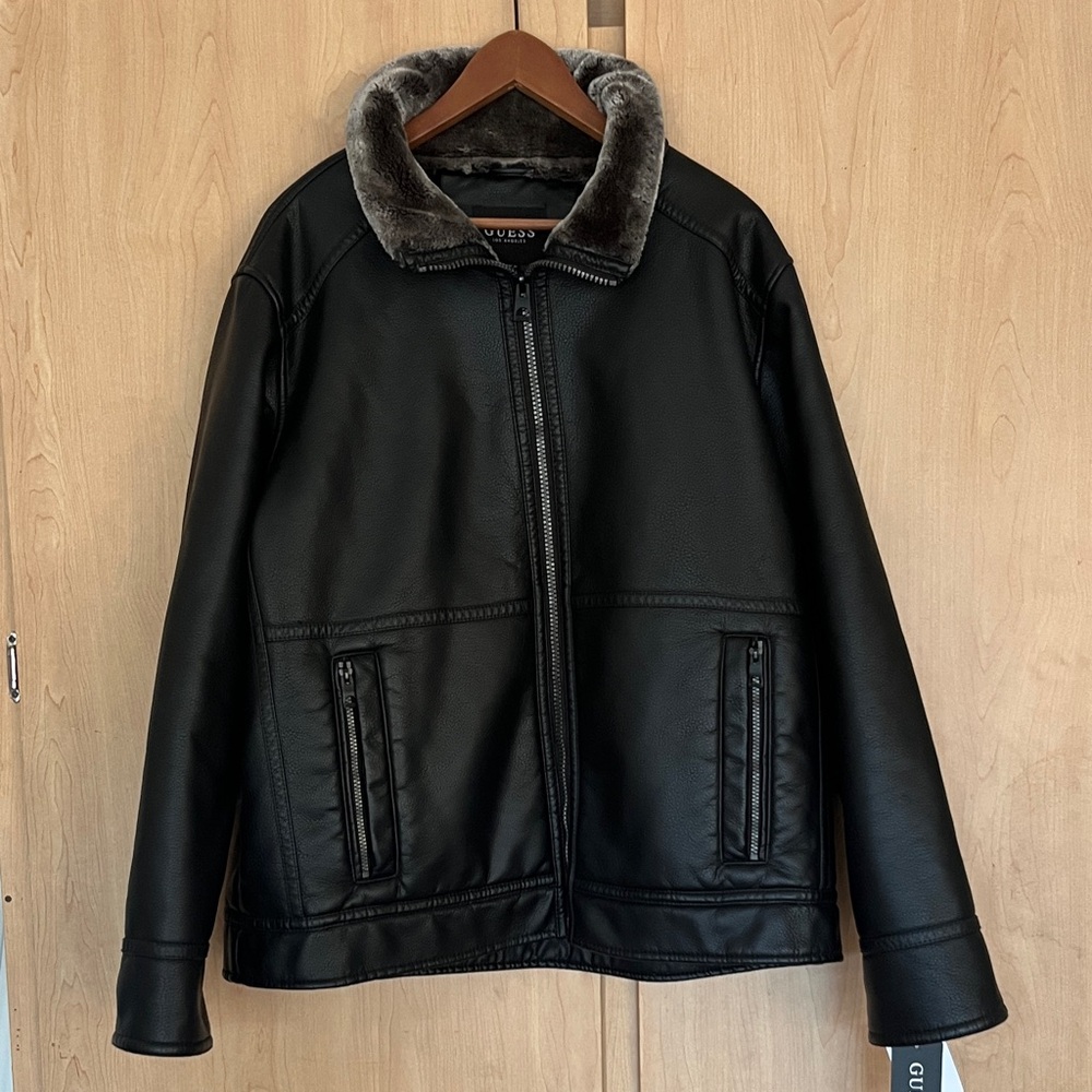 GUESS Black Faux Leather Jacket with Gray Fur Collar